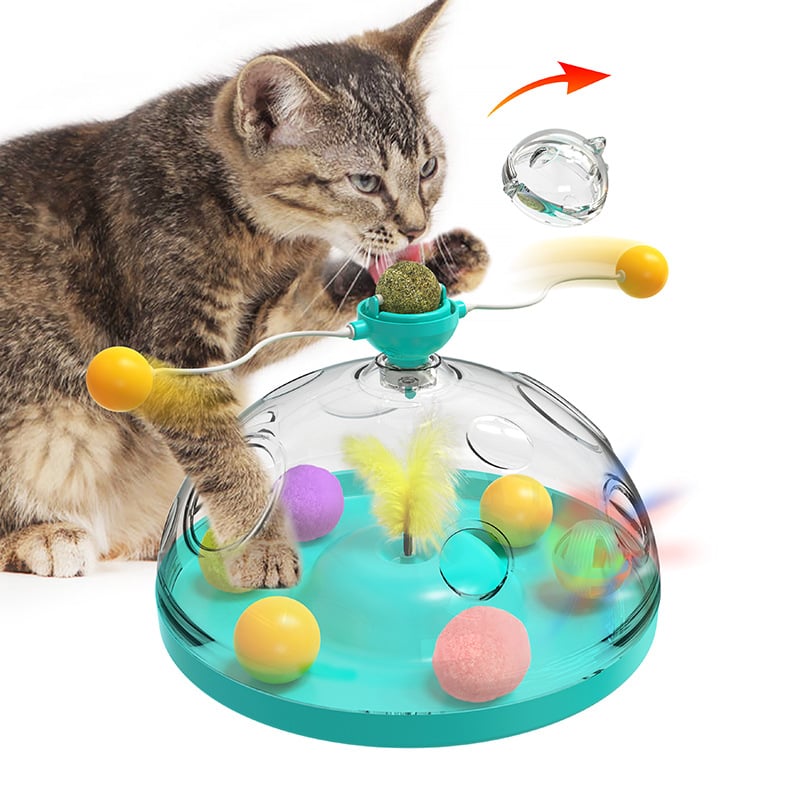 Coffret au trésor pour chat - Jouet Interactif et Éducatif  - Tourniquet Multifonctionnel avec Herbe à Chat, Balle Lumineuse et Plumes