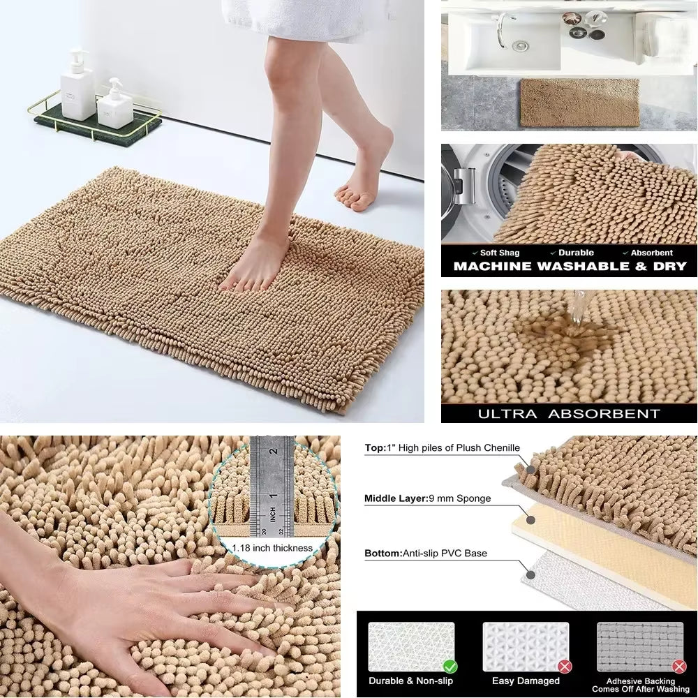 Chenille Soft Plush Bath Mat Super Absorbent Washable Non Slip Bathroom Comfortable Carpet for Shower Toilet Doormat Floor Rugs