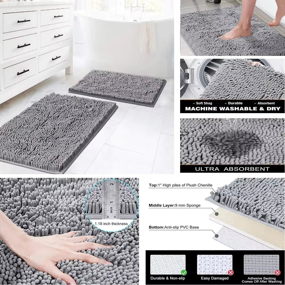 Chenille Soft Plush Bath Mat Super Absorbent Washable Non Slip Bathroom Comfortable Carpet for Shower Toilet Doormat Floor Rugs