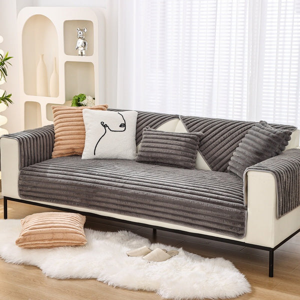 Rabbit Hair Straight Sofa Cushion Winter Thick Non-slip Leather Sofa Cover