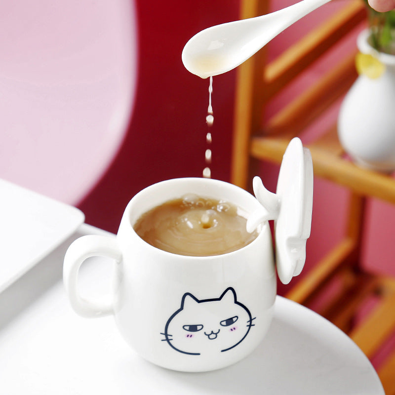 MIAOUS - Tasse créative en céramique en forme de chat avec couvercle et cuillère