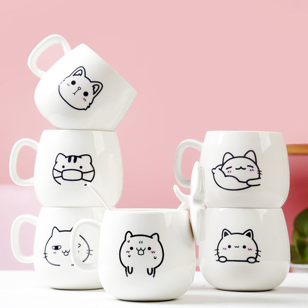 MIAOUS - Tasse créative en céramique en forme de chat avec couvercle et cuillère