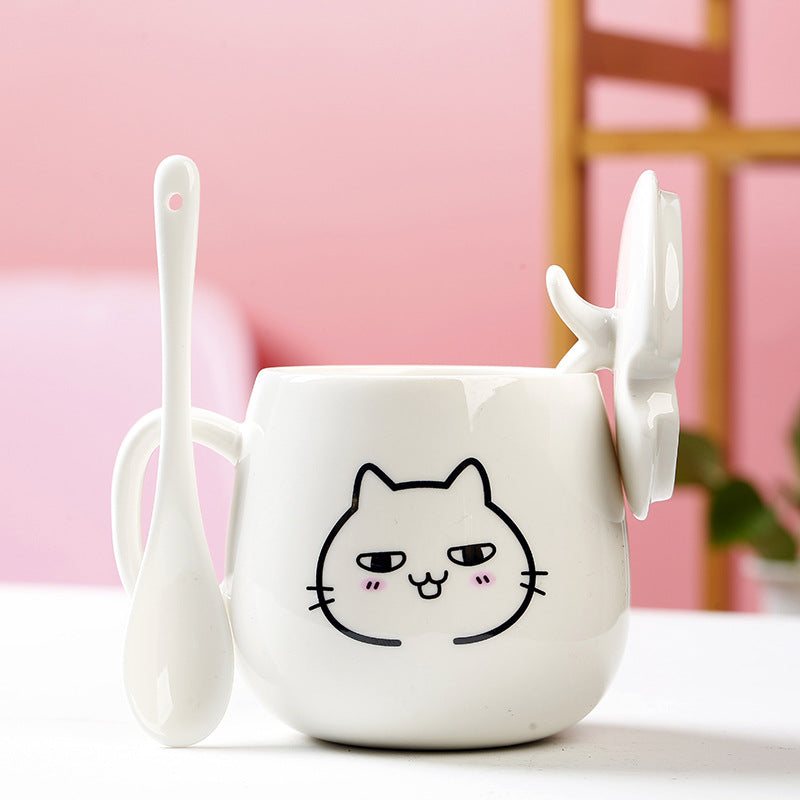 MIAOUS - Tasse créative en céramique en forme de chat avec couvercle et cuillère