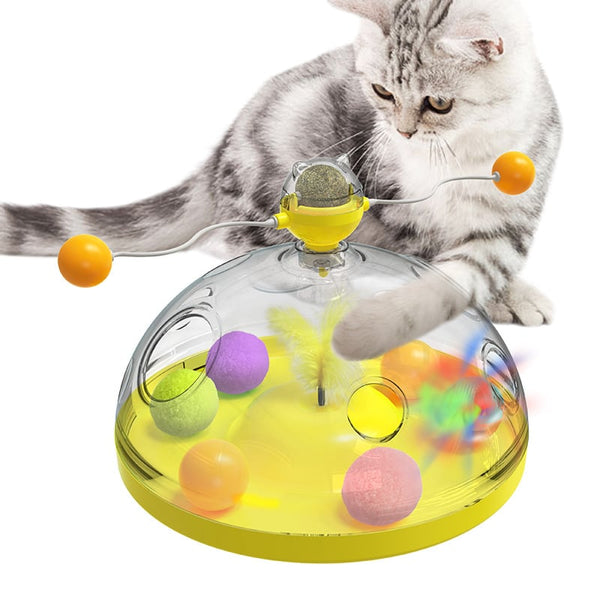 Coffret au trésor pour chat - Jouet Interactif et Éducatif  - Tourniquet Multifonctionnel avec Herbe à Chat, Balle Lumineuse et Plumes