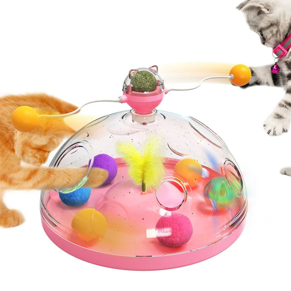 Coffret au trésor pour chat - Jouet Interactif et Éducatif  - Tourniquet Multifonctionnel avec Herbe à Chat, Balle Lumineuse et Plumes