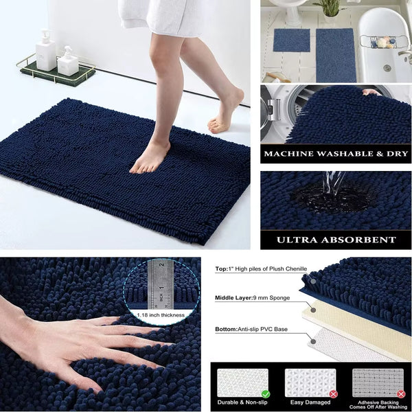 Chenille Soft Plush Bath Mat Super Absorbent Washable Non Slip Bathroom Comfortable Carpet for Shower Toilet Doormat Floor Rugs