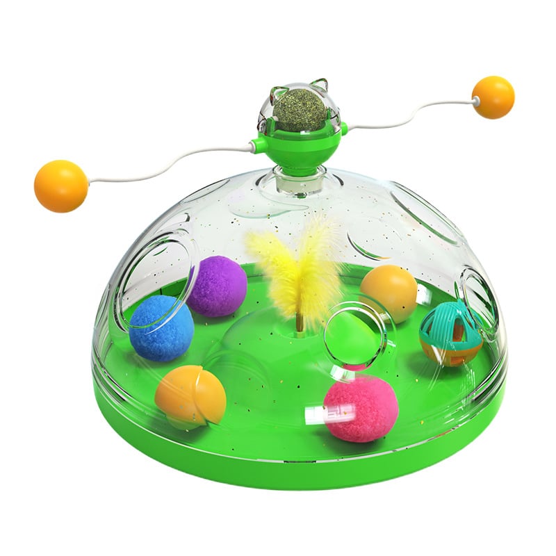 Coffret au trésor pour chat - Jouet Interactif et Éducatif  - Tourniquet Multifonctionnel avec Herbe à Chat, Balle Lumineuse et Plumes