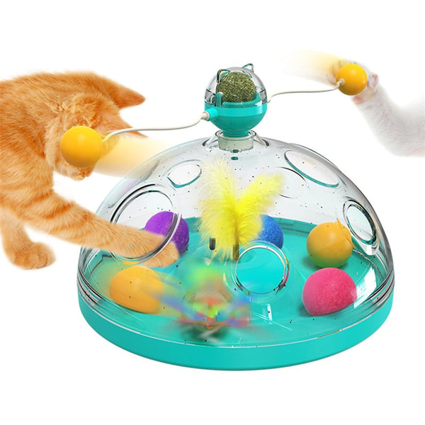 Coffret au trésor pour chat - Jouet Interactif et Éducatif  - Tourniquet Multifonctionnel avec Herbe à Chat, Balle Lumineuse et Plumes