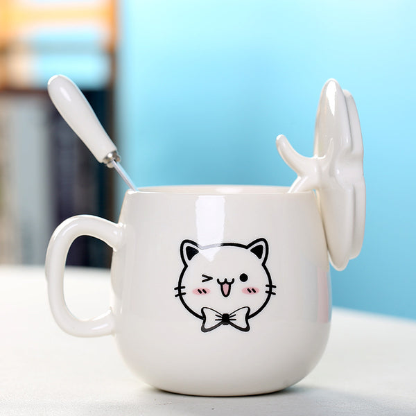 MIAOUS - Tasse créative en céramique en forme de chat avec couvercle et cuillère