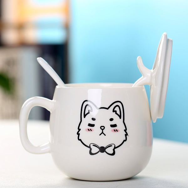 MIAOUS - Tasse créative en céramique en forme de chat avec couvercle et cuillère