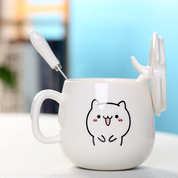 MIAOUS - Tasse créative en céramique en forme de chat avec couvercle et cuillère