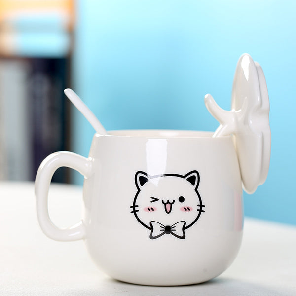 MIAOUS - Tasse créative en céramique en forme de chat avec couvercle et cuillère